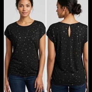 Metallic Star Print Keyhole Black Dolman Short Sleeve Blouse Women M